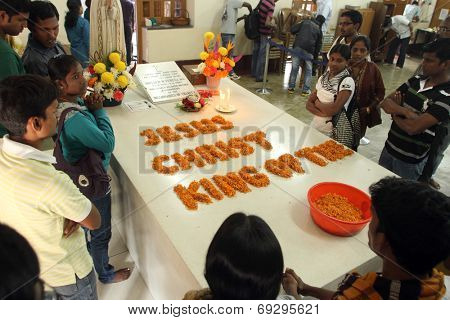 KOLKATA, INDIA - NOV 25, 2012: Tomb of Blessed Teresa of Calcutta, commonly known as Mother Teresa (26 August 1910, 5 September 1997), was Catholic missionary who lived for most of her life in India
