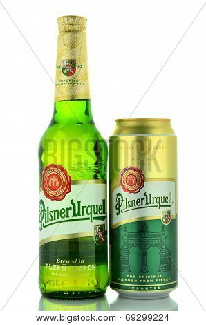 Pilsner Urquell pale lager beer isolated on white