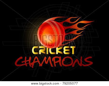 Red ball in fire with shiny text Cricket Champions on hi-tech background, can be used as poster or banner design.