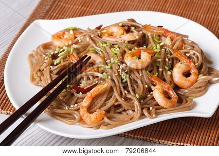 Soba Noodles With Shrimp And Sesame Seeds Horizontal