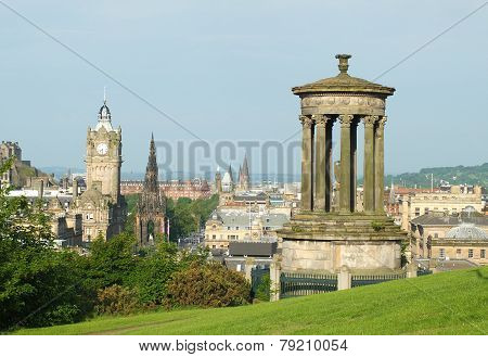 Edinburgh skyline and Dugald Stewart Monument as seen from Calton Hill