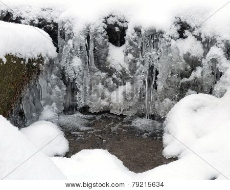 Frozen Water, Snow And Small Stream