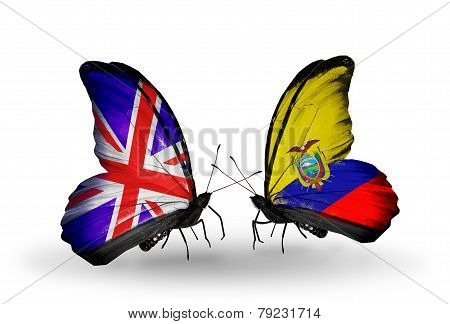 Two Butterflies With Flags On Wings As Symbol Of Relations Uk And Equador