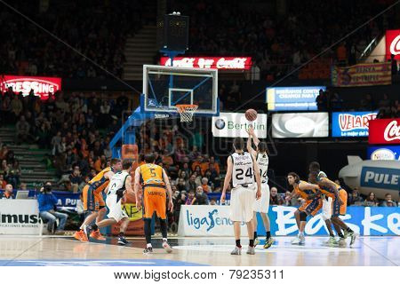 VALENCIA, SPAIN - DECEMBER 30: All players during Spanish League match between Valencia Basket Club and Juventut at Fonteta Stadium on December 30, 2014 in Valencia, Spain