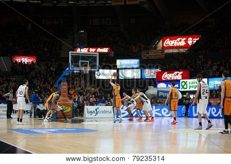 VALENCIA, SPAIN - DECEMBER 30: All players during Spanish League match between Valencia Basket Club and Juventut at Fonteta Stadium on December 30, 2014 in Valencia, Spain