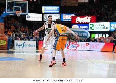 VALENCIA, SPAIN - DECEMBER 30: Vidal with ball during Spanish League match between Valencia Basket Club and Juventut at Fonteta Stadium on December 30, 2014 in Valencia, Spain
