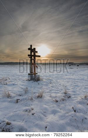 Orthodox Church Crosses In Sunset