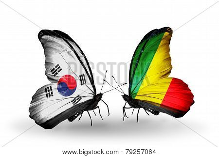Two Butterflies With Flags On Wings As Symbol Of Relations South Korea And Kongo
