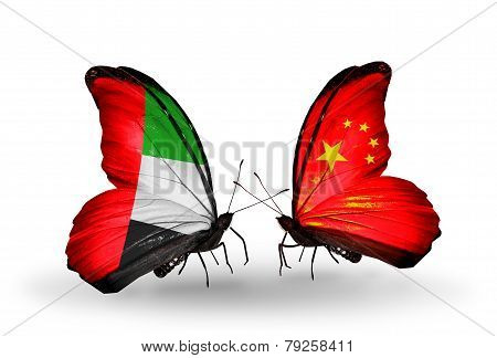 Two Butterflies With Flags On Wings As Symbol Of Relations Uae And China