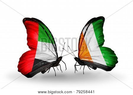 Two Butterflies With Flags On Wings As Symbol Of Relations Uae And Cote Divoire