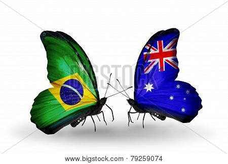 Two Butterflies With Flags On Wings As Symbol Of Relations Brazil And Australia