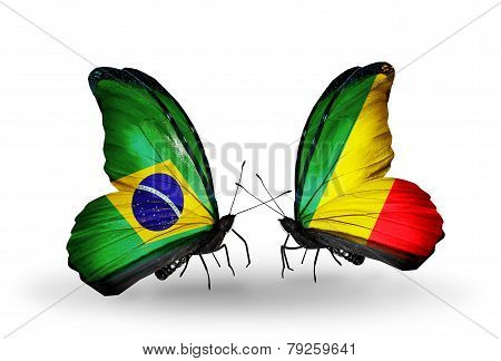 Two Butterflies With Flags On Wings As Symbol Of Relations Brazil And Kongo