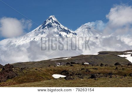 Kamchatka Peninsula: View On Kamen Volcano And Klyuchevskoi Volcano