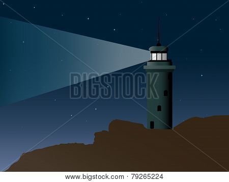 Cartoon Vector-Lit Lighthouse On A Very Rocky Shore
