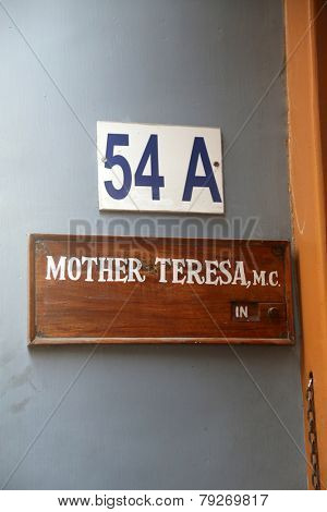 KOLKATA,INDIA - FEBRUARY 07: Sign on the entrance to Mother House, the residence of Mother Teresa in Kolkata, West Bengal, India on February 07,2014.