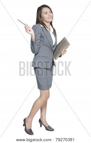 Asian Business Woman Attractive Gesture Holding A Pen And Diary Note Book Smiling Positive