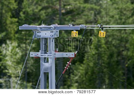 Close-up on a overhead line for a railroad.