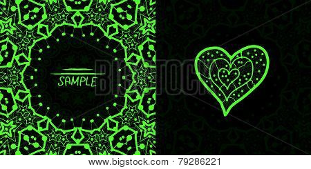 Ornamental green vector square flyer card design. Invitation card. Heart shaped vintage decorative e