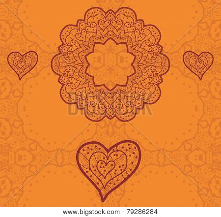 Valentine card design. Ornamental orange vector flyer. Love card. Heart shaped vintage decorative el