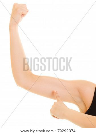 Fitness Woman Showing Energy Flexing Biceps Muscles.