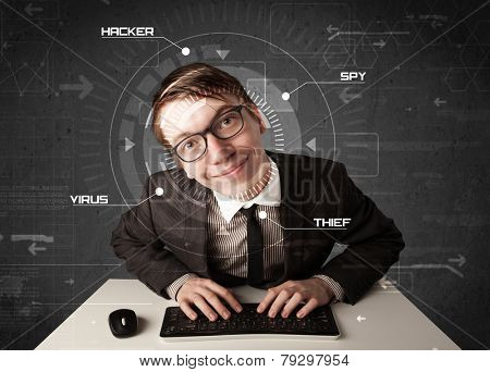 Young hacker in futuristic enviroment hacking personal information on tech background