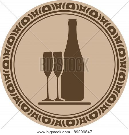 Buttle Of Wine And Pair Of Glasses Into Decorative Round Frame