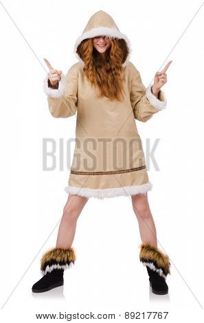 Eskimo girl wearing clothes of all fur isolated on white
