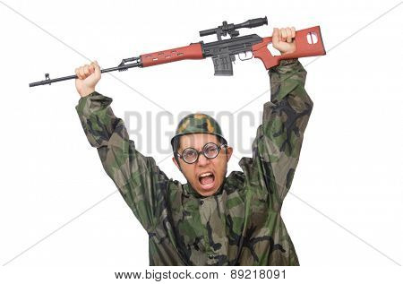 Military man with a gun isolated on white