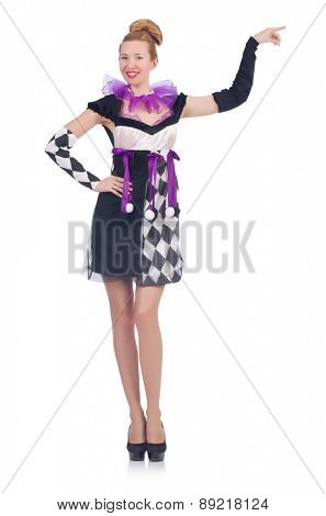 A girl in harlequin costume isolated on white