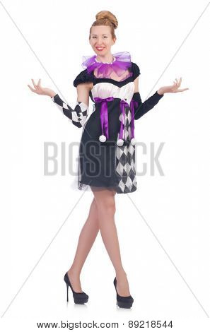 A girl in harlequin costume isolated on white