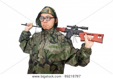 Military man with a gun isolated on white