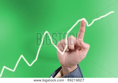 Hand Of Asian Business Man Pointing A Line Graph On A Virtual Touch Screen