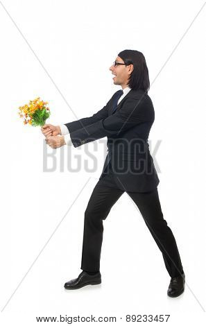 Handsome businessman with flower isolated on white