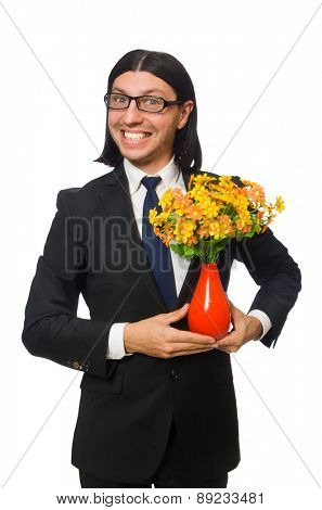 Handsome businessman with flower pot isolated on white