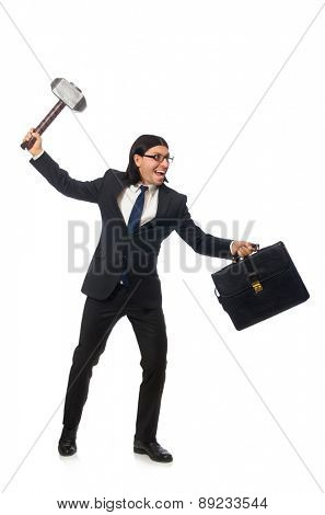 Handsome businessman holding hammer and case isolated on white