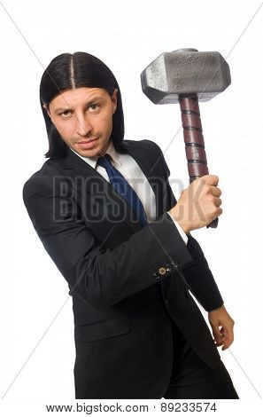 Handsome businessman holding hammer isolated on white