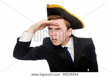 Young man in costume with pirate hat isolated on white