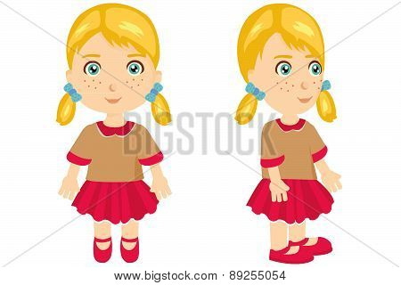 Blong girl with pigtails front and side