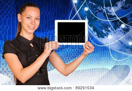 Young woman holging blank tablet
