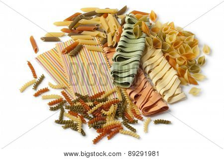  Variety of colorful traditional Italian pasta on white background