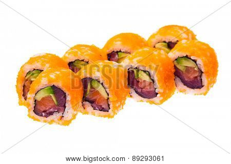 Salmon, avocado, tuna and masago orange rolls isolated on white background