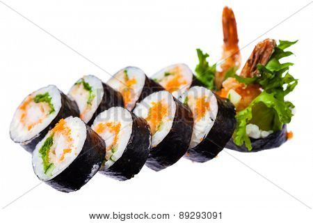 Prawn, cream cheese, masago and japanese bread brunch rolls isolated on white background