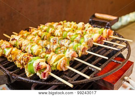 Bbq Barbecuing Skewers, Grill With Vegetable Skewer - Close Up.