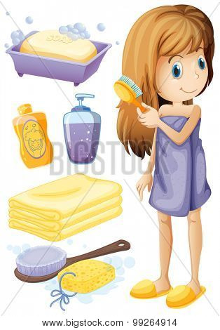 Woman combing hair and bathroom set illustration