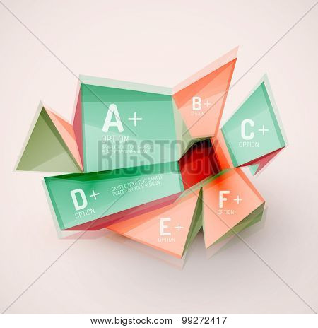 3d geometric shapes with sample text. Abstract template with place for text or infographic options. Triangles, squares, cubes, rectangles in glossy style. Vector illustration.