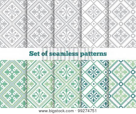Geometrical seamless pattern. Gray, green, tile. Vector illustra