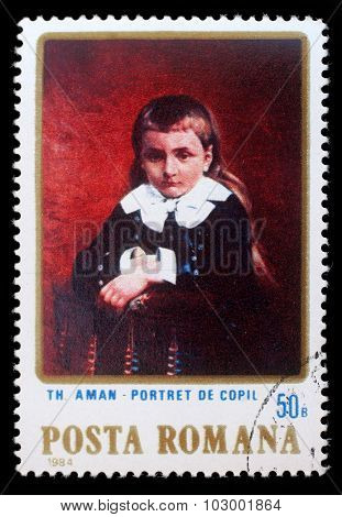 ROMANIA - CIRCA 1984: a stamp printed in Romania shows Portrait of a Child, by Th. Aman, circa 1984.