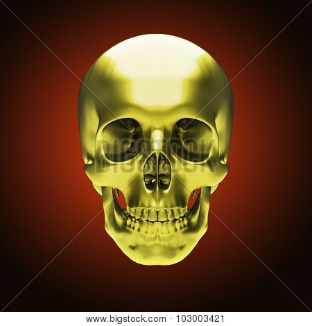 Gold metallic skull on dark red background