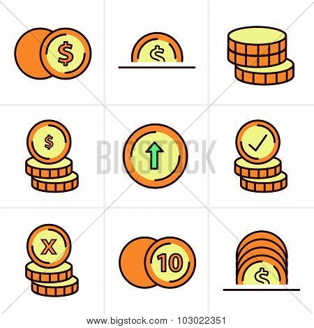Icons Style  Coins Icons Set, Vector Design Black Color