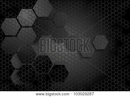 Tech geometric black background with hexagon texture